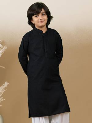 Dapper & dazzling boys solid black chikankari party wear cotton kurta by sanwara 2