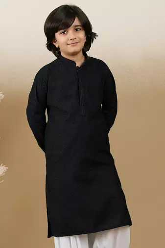 Dapper & dazzling boys solid black chikankari party wear cotton kurta by sanwara