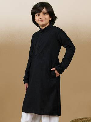 Dapper & dazzling boys solid black chikankari party wear cotton kurta by sanwara 3