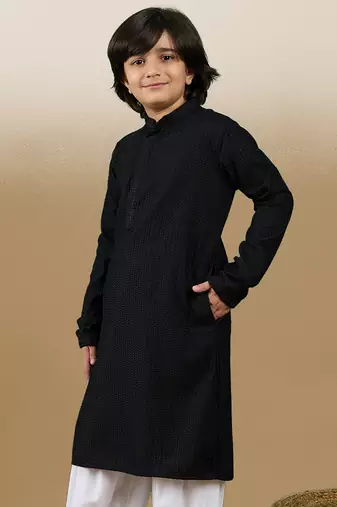 Dapper & dazzling boys solid black chikankari party wear cotton kurta by sanwara