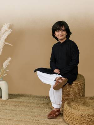 Dapper & dazzling boys solid black chikankari party wear cotton kurta by sanwara 5