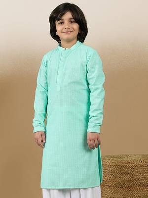 Dapper & dazzling boys solid sea green chikankari party wear cotton kurta by sanwara 1