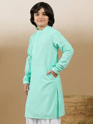 Dapper & dazzling boys solid sea green chikankari party wear cotton kurta by sanwara 2