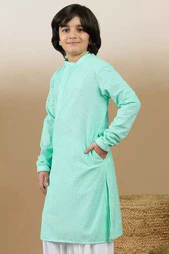 Dapper & dazzling boys solid sea green chikankari party wear cotton kurta by sanwara