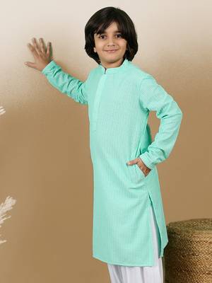 Dapper & dazzling boys solid sea green chikankari party wear cotton kurta by sanwara 3