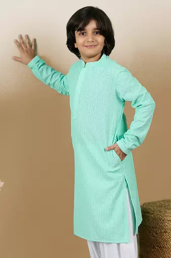 Dapper & dazzling boys solid sea green chikankari party wear cotton kurta by sanwara