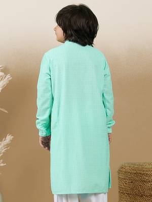 Dapper & dazzling boys solid sea green chikankari party wear cotton kurta by sanwara 4
