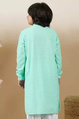 Dapper & dazzling boys solid sea green chikankari party wear cotton kurta by sanwara