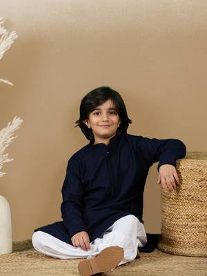 Dapper & dazzling boys solid deep blue chikankari party wear cotton kurta by sanwara 1