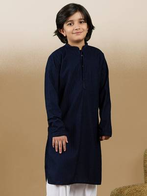 Dapper & dazzling boys solid deep blue chikankari party wear cotton kurta by sanwara 2
