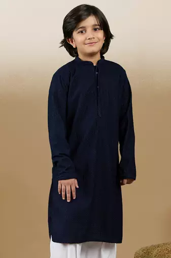 Dapper & dazzling boys solid deep blue chikankari party wear cotton kurta by sanwara