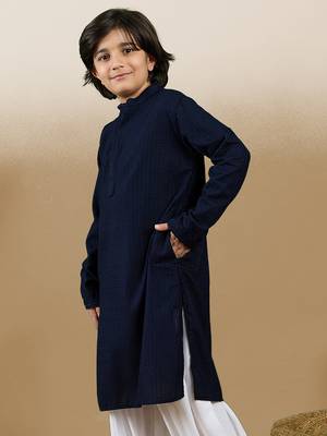 Dapper & dazzling boys solid deep blue chikankari party wear cotton kurta by sanwara 3