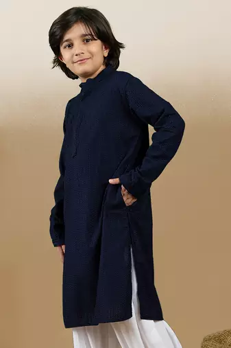 Dapper & dazzling boys solid deep blue chikankari party wear cotton kurta by sanwara