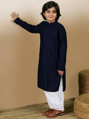 Dapper & dazzling boys solid deep blue chikankari party wear cotton kurta by sanwara 5