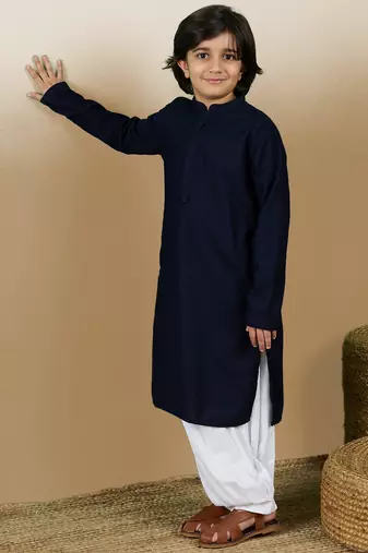 Dapper & dazzling boys solid deep blue chikankari party wear cotton kurta by sanwara