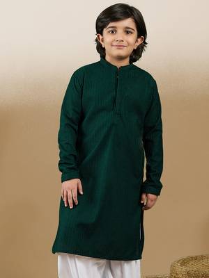 Dapper & dazzling boys solid deep green chikankari party wear cotton kurta by sanwara 1