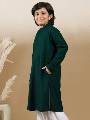 Dapper & dazzling boys solid deep green chikankari party wear cotton kurta by sanwara 2
