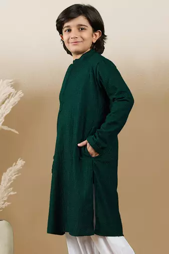 Dapper & dazzling boys solid deep green chikankari party wear cotton kurta by sanwara