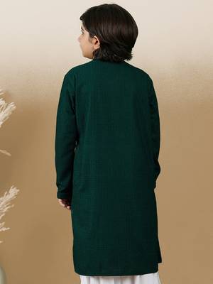 Dapper & dazzling boys solid deep green chikankari party wear cotton kurta by sanwara 3