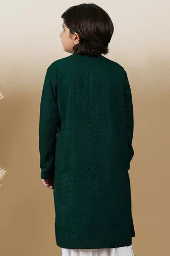 Dapper & dazzling boys solid deep green chikankari party wear cotton kurta by sanwara
