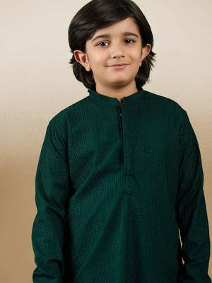 Dapper & dazzling boys solid deep green chikankari party wear cotton kurta by sanwara 5