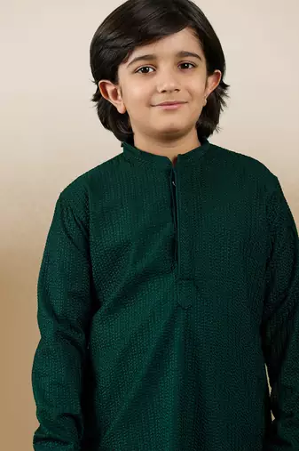 Dapper & dazzling boys solid deep green chikankari party wear cotton kurta by sanwara