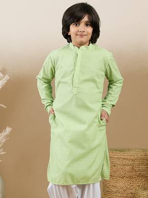 Dapper & dazzling boys solid light green chikankari party wear cotton kurta by sanwara 2