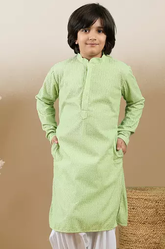 Dapper & dazzling boys solid light green chikankari party wear cotton kurta by sanwara