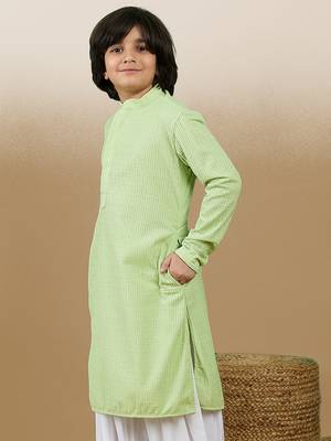 Dapper & dazzling boys solid light green chikankari party wear cotton kurta by sanwara 3