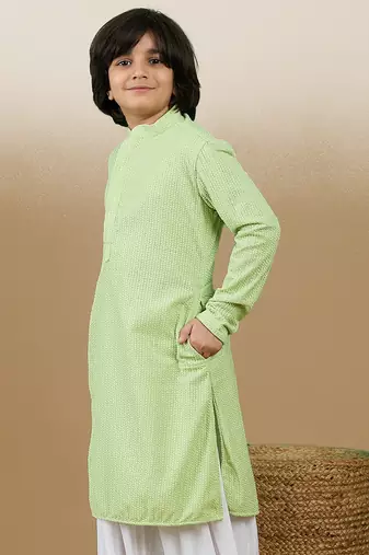 Dapper & dazzling boys solid light green chikankari party wear cotton kurta by sanwara