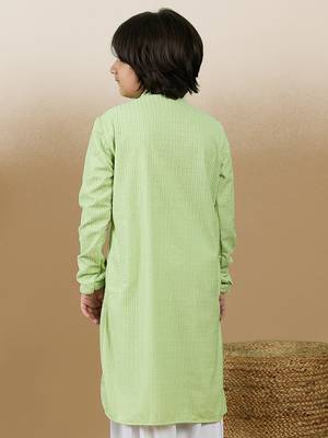 Dapper & dazzling boys solid light green chikankari party wear cotton kurta by sanwara 4