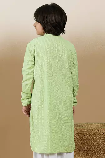 Dapper & dazzling boys solid light green chikankari party wear cotton kurta by sanwara
