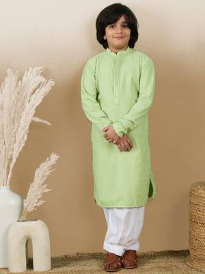 Dapper & dazzling boys solid light green chikankari party wear cotton kurta by sanwara 5