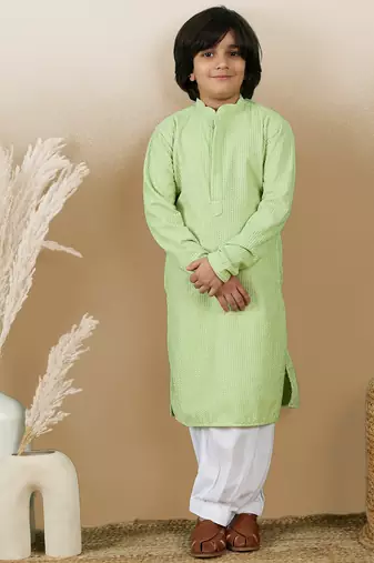 Dapper & dazzling boys solid light green chikankari party wear cotton kurta by sanwara