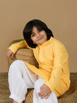 Dapper & dazzling boys solid light yellow chikankari party wear cotton kurta by sanwara 1