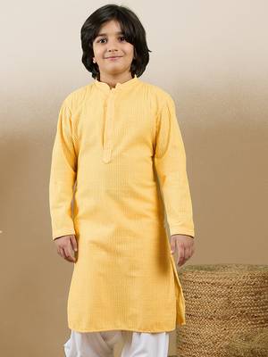 Dapper & dazzling boys solid light yellow chikankari party wear cotton kurta by sanwara 2
