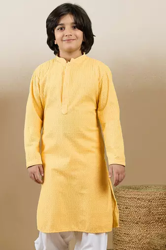 Dapper & dazzling boys solid light yellow chikankari party wear cotton kurta by sanwara