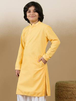 Dapper & dazzling boys solid light yellow chikankari party wear cotton kurta by sanwara 3