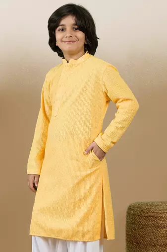 Dapper & dazzling boys solid light yellow chikankari party wear cotton kurta by sanwara