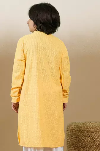 Dapper & dazzling boys solid light yellow chikankari party wear cotton kurta by sanwara