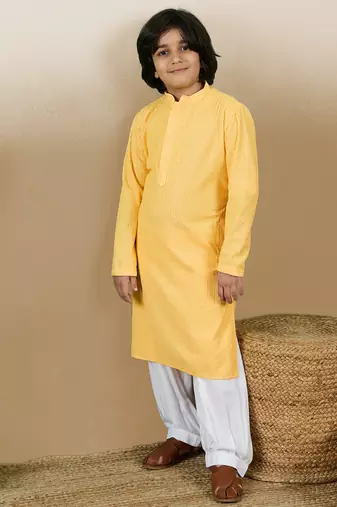 Dapper & dazzling boys solid light yellow chikankari party wear cotton kurta by sanwara