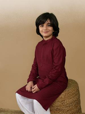 Dapper & dazzling boys solid maroon chikankari party wear cotton kurta by sanwara 1