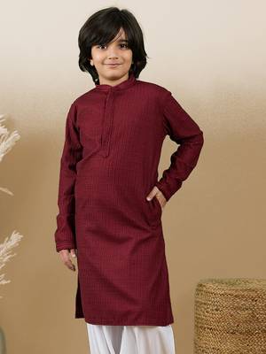 Dapper & dazzling boys solid maroon chikankari party wear cotton kurta by sanwara 2