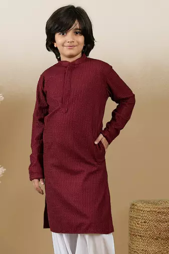Dapper & dazzling boys solid maroon chikankari party wear cotton kurta by sanwara