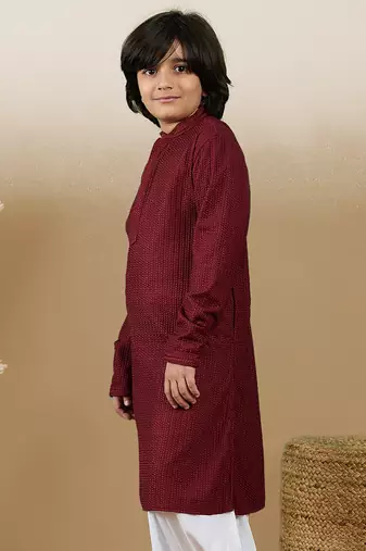 Dapper & dazzling boys solid maroon chikankari party wear cotton kurta by sanwara