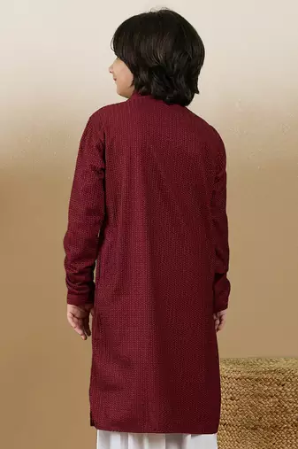 Dapper & dazzling boys solid maroon chikankari party wear cotton kurta by sanwara