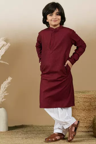 Dapper & dazzling boys solid maroon chikankari party wear cotton kurta by sanwara