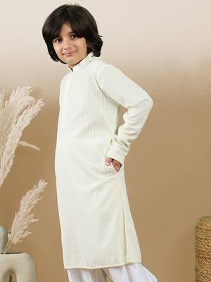 Dapper & dazzling boys solid off white chikankari party wear cotton kurta by sanwara 2