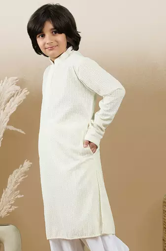 Dapper & dazzling boys solid off white chikankari party wear cotton kurta by sanwara