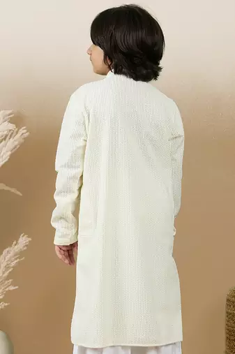 Dapper & dazzling boys solid off white chikankari party wear cotton kurta by sanwara